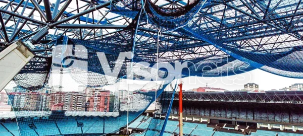 Installation of VISORNETS S-type protective nets plus debris meshes plus anti-object tools nets at the Balaídos stadium of Real Club Celta de Vigo.