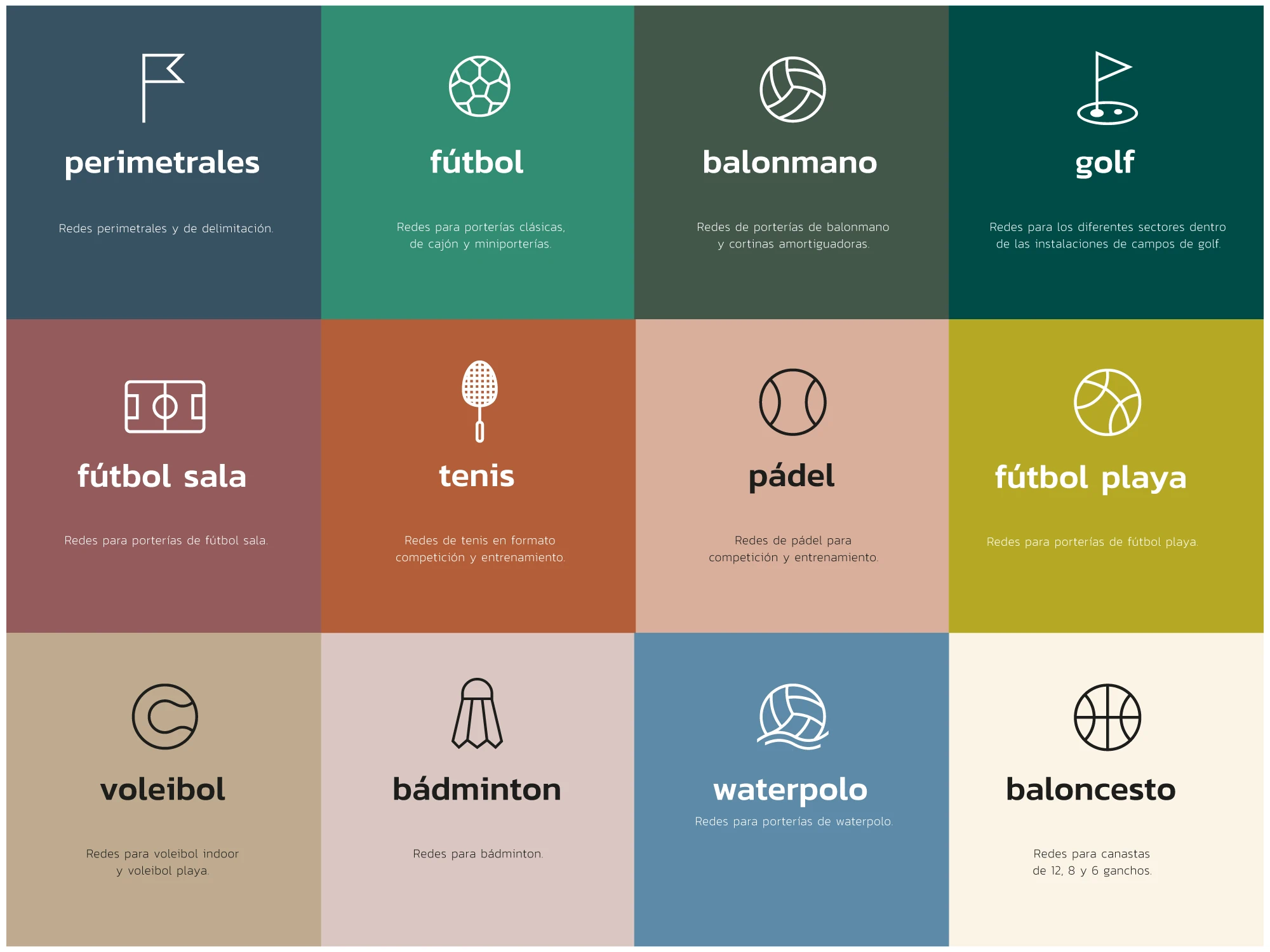 VISORNETS Sports Netting - Types of nets for sports (perimeter safety nets, football nets, handball nets, golf nets, futsal nets, tennis nets, paddle nets, beach football nets, volleyball nets, beach volleyball nets, badminton nets, waterpolo nets, basketball nets, pickleball nets, hockey nets, lacrosse nets, launch cages, printed sports nets, sports net accessories)